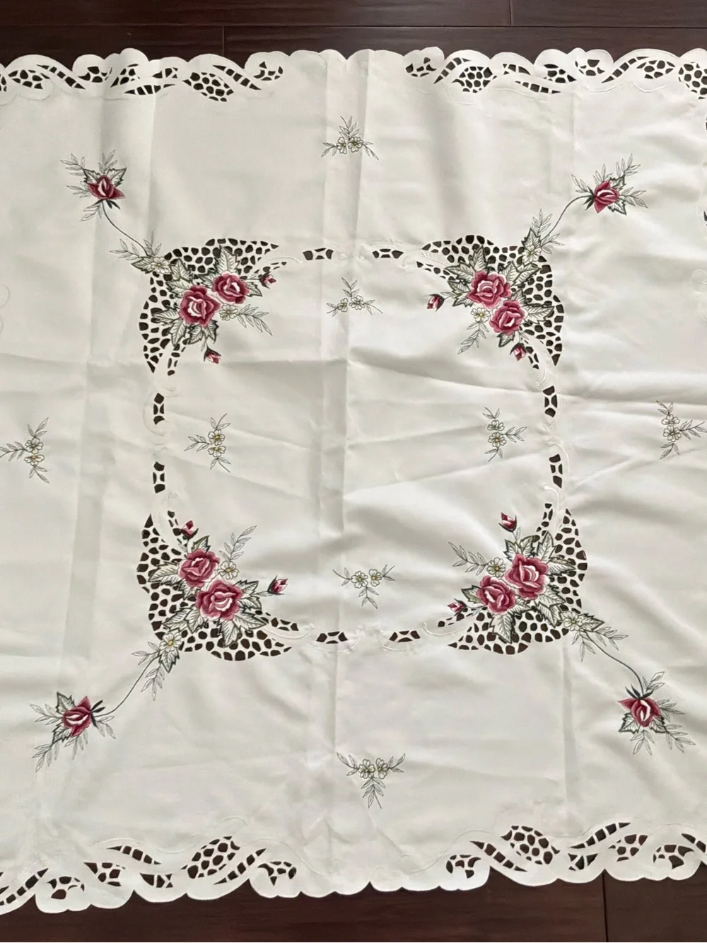 Vintage Embroidered Tablecloth 43” Square Rose Cut Out Design